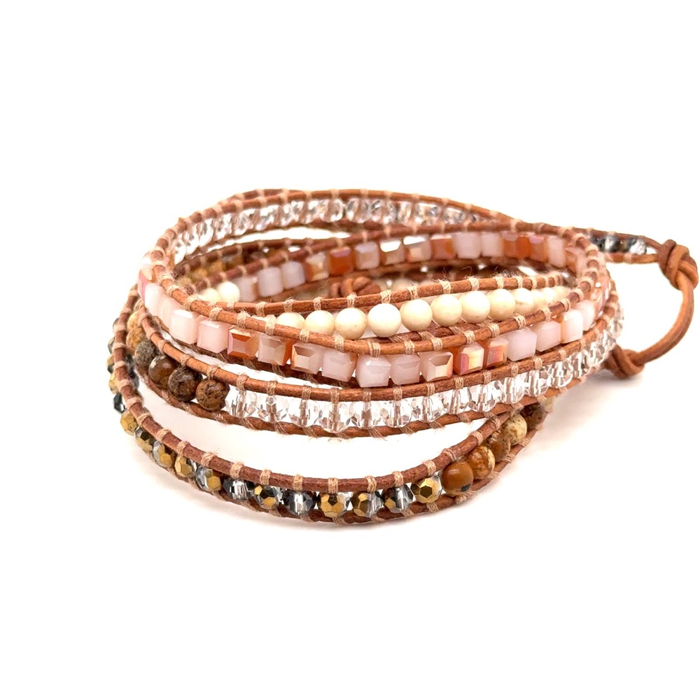 Victoria Emerson Boho Five Wrap Bracelet Leather Jasper Crystal Earthy Tones